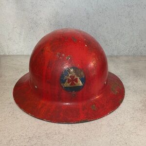 Vintage FDNY Civil Defense Fire Helmet Red Steel Hard Hat WWII Era Property FDNY